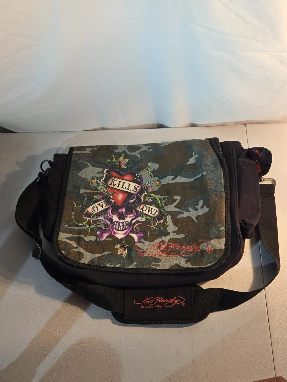 Ed Hardy Camo Messenger Bag with Purple Skull Graphic